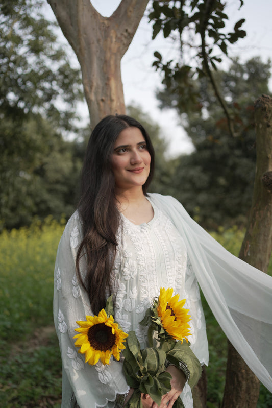 Masakali Pure Muslin Heavily Embroidered Chikankari Kurta Palazzo Set