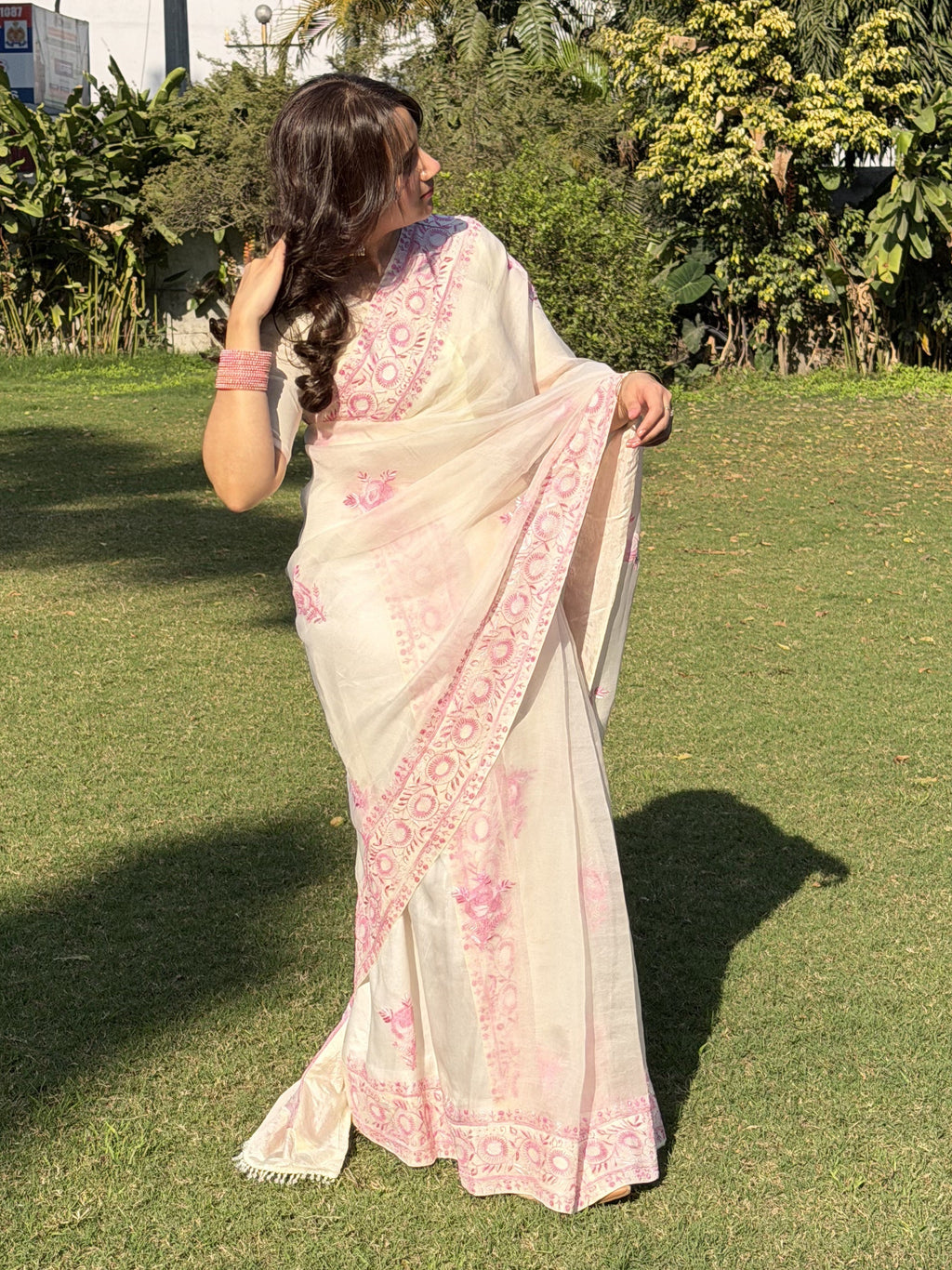Blush Pink Handcrafted Chikankari Organza Saree