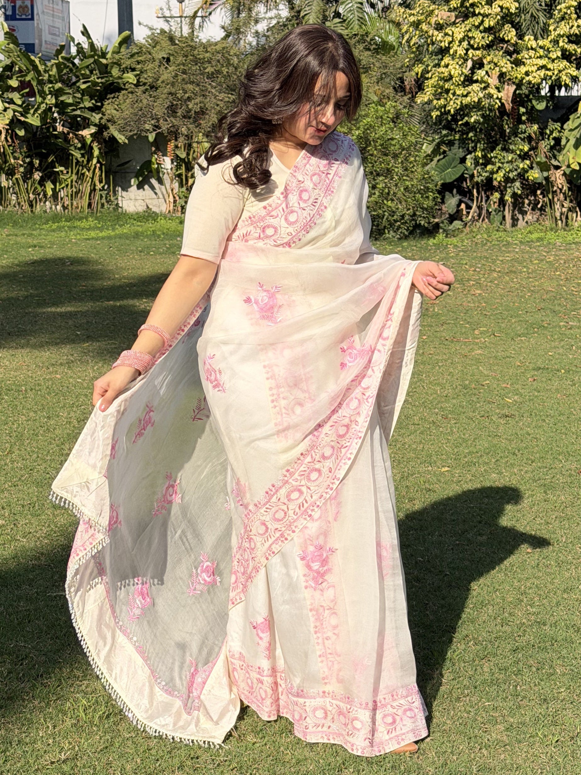 Blush Pink Handcrafted Chikankari Organza Saree
