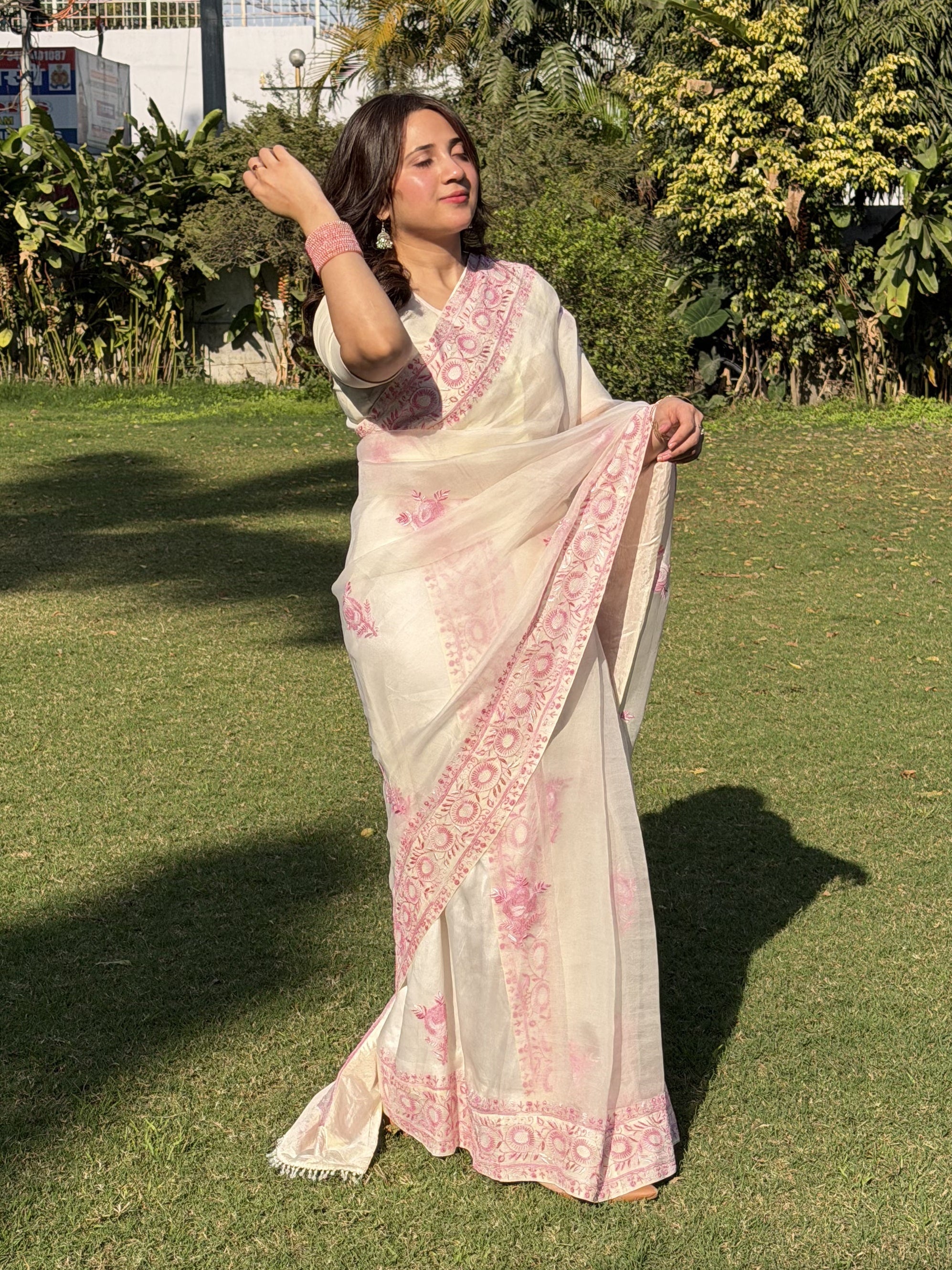 Blush Pink Handcrafted Chikankari Organza Saree