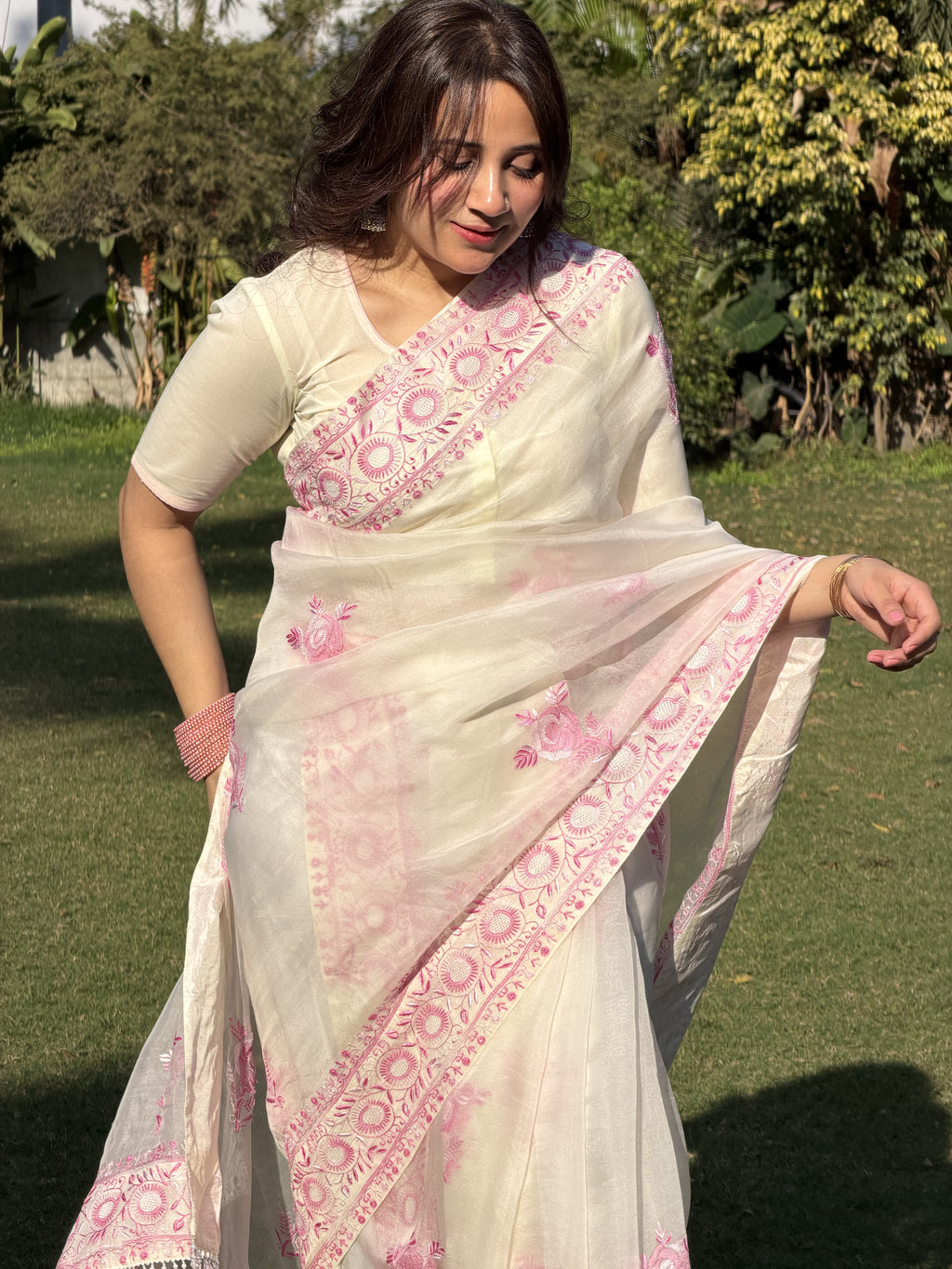 Blush Pink Handcrafted Chikankari Organza Saree